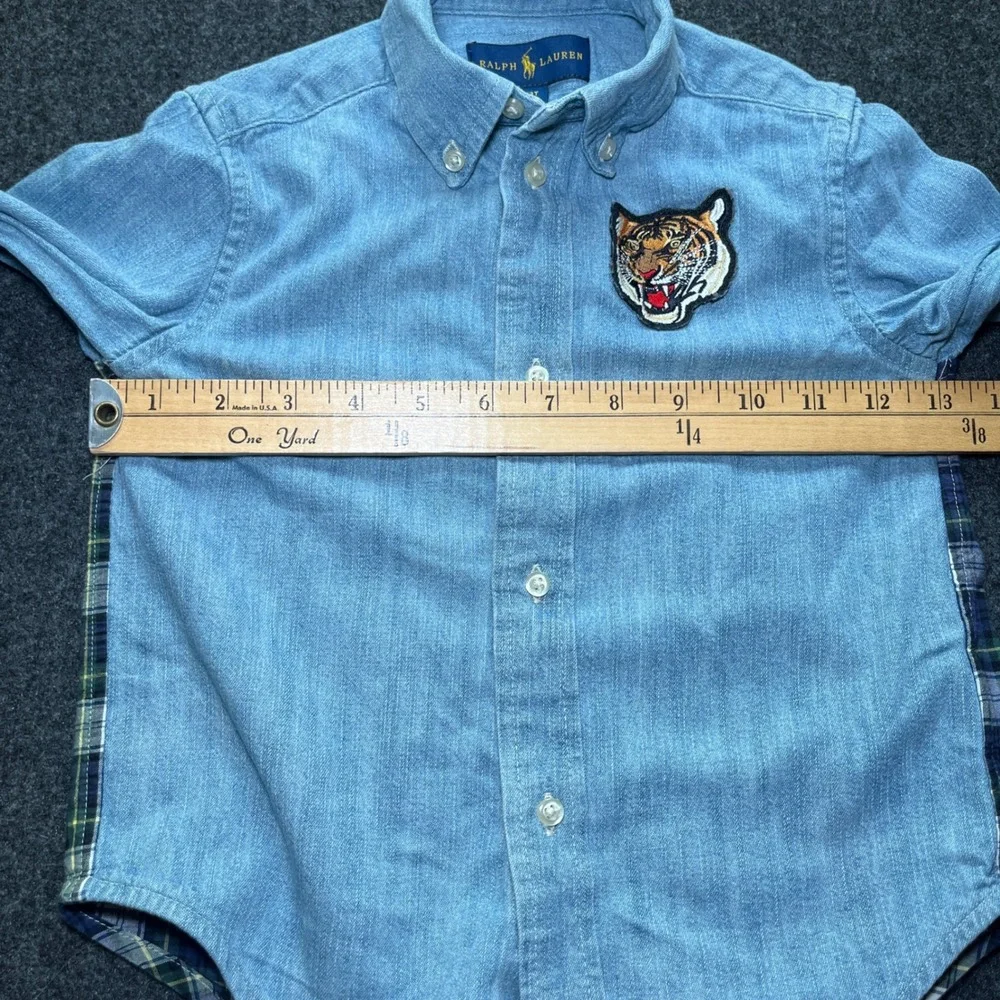 Ralph Lauren Button Down Shirt Kids 3T Blue Excellent Tiger Plaid Denim Flannel
